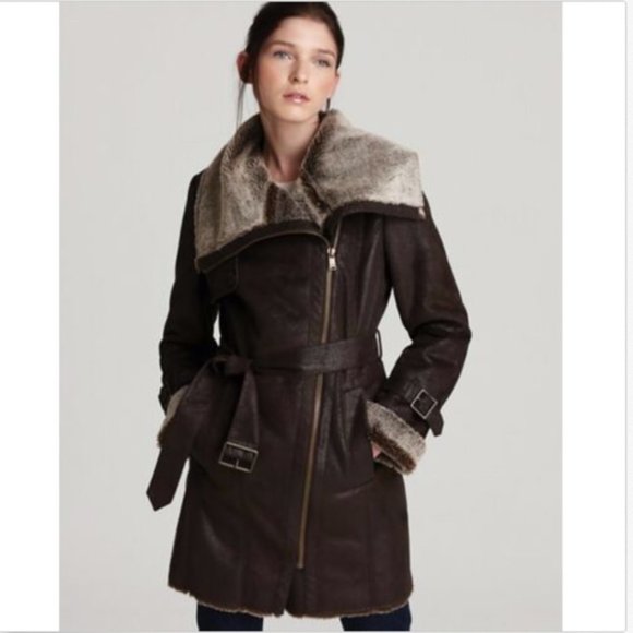 Andrew Marc Jackets & Blazers - Andrew Marc Braveheart Faux Shearling Suede Long Belted Coat Tan/Brown XS